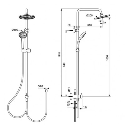 SISTEM DUS IDEALRAIN SILK BLACK ,CAP DUS 200 MM,FURTUN IDEALFLEX 1750MM SI PARA 100 MM (SE POATE CONECTA LA ORICE BATERIE DE DUS)
